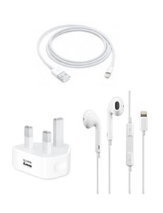 Apple Accessory UK Power Adapter and Lightning Cable with Lightning Earpods Bundle White