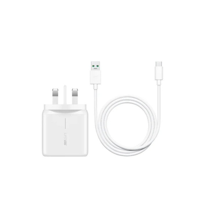 Oppo Accessory UK 3 Pin 65W 1.8A SuperVooc Adapter with Oppo Type-C Cable Bundle White
