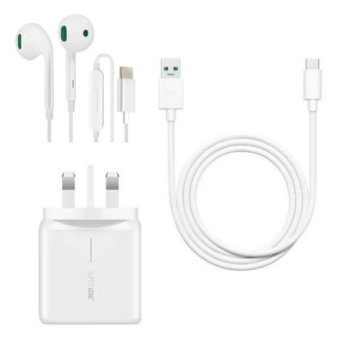 Oppo Accessory VOOC UK 3 Pin 65W 1.6A Power Adapter with USB-C Cable and MH147 Headphones White
