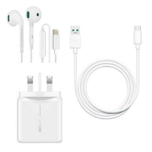 Oppo Accessory VOOC UK 3 Pin 65W 1.6A Power Adapter with USB-C Cable and MH147 Headphones White
